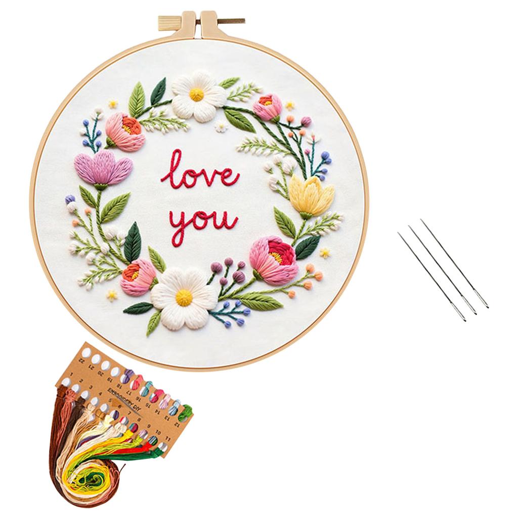 Valentine's Day Floral Embroidery DIY Craft Kit (Suitable For Beginners), 20cm - - Embroidery Hoop (Not A Pre-made 30cm Fabric Embroidery Hoop)