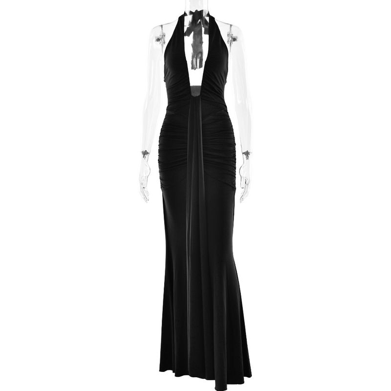 

Elsa European and American Women clothes Elegant Elegant Fashion Hanging Neck V-neck Backless Lace-up Pleated Long dress Dress Formal Dress Women Black M