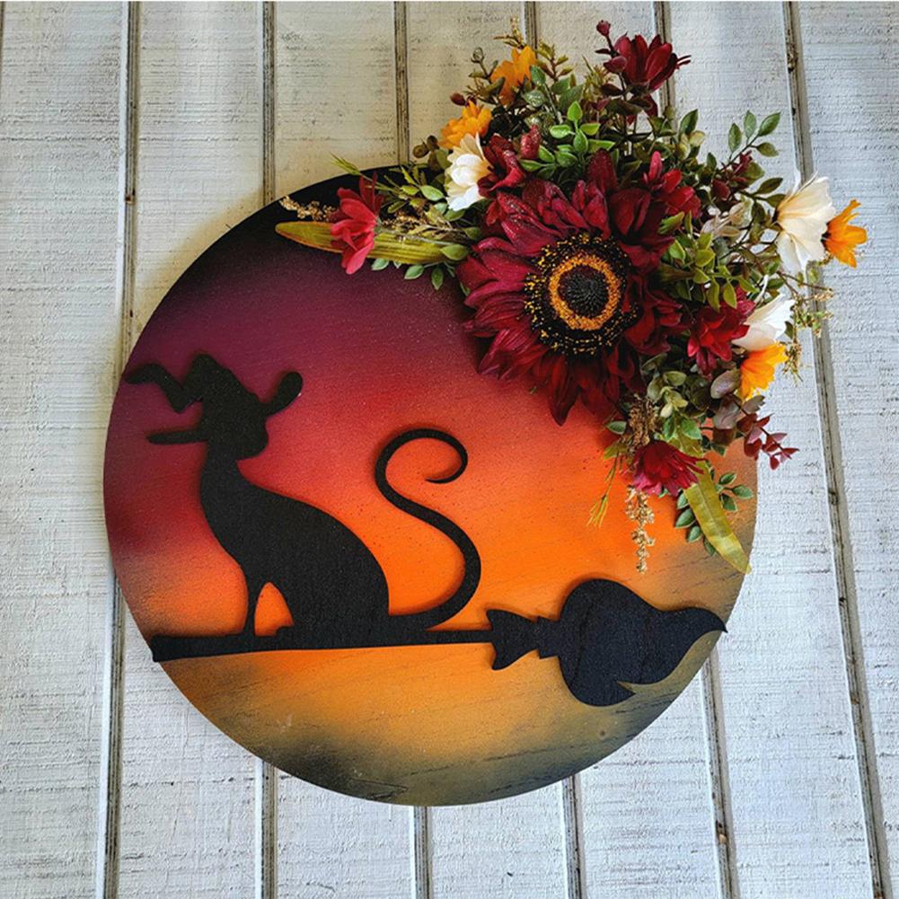 30CM Gothic Wreath Door Decoration Handmade Artificial Moon Cat Garland Goth Roses Black Cats Garland for Home Party Window Wall