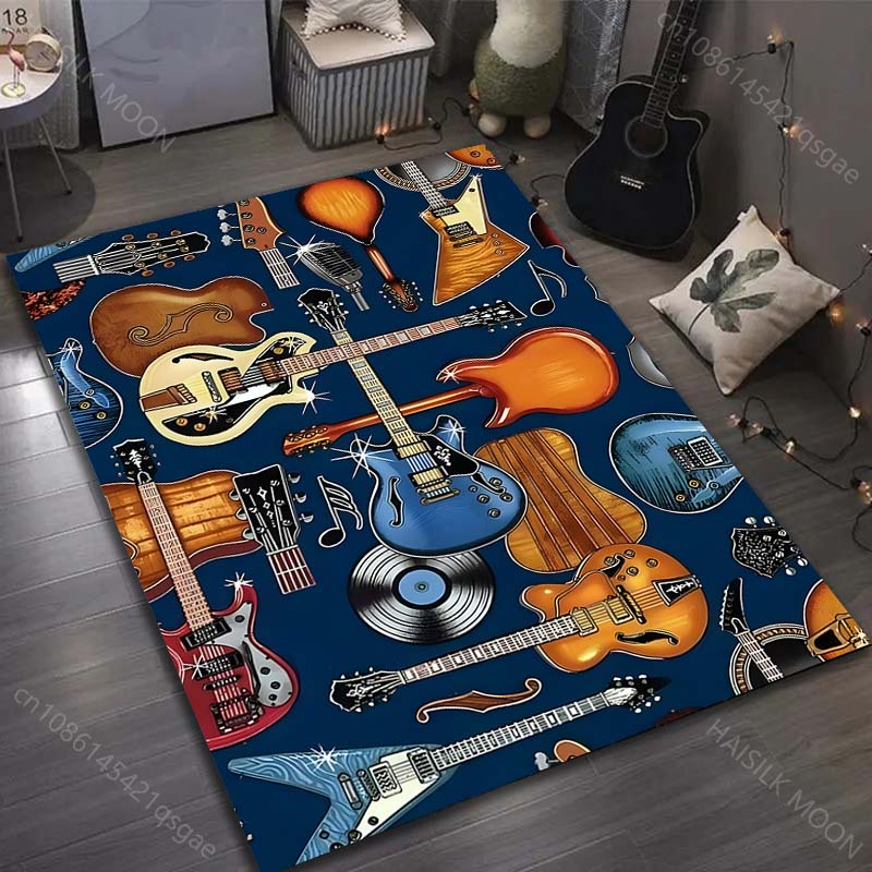 1 ks Koberec se vzorem rockové kytary, basy, hudebního nástroje, do obývacího pokoje, ložnice, k posteli, podlahová rohožka, domácí dekorace, velký rozměr, luxusní dárek