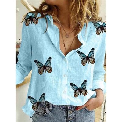 Lente Herfst Vlinder Bedrukte Shirts Dames Katoen Linnen Blouse Revers Lange Mouw Vrije Tijd Wit Blauw Geel Rood Shirt