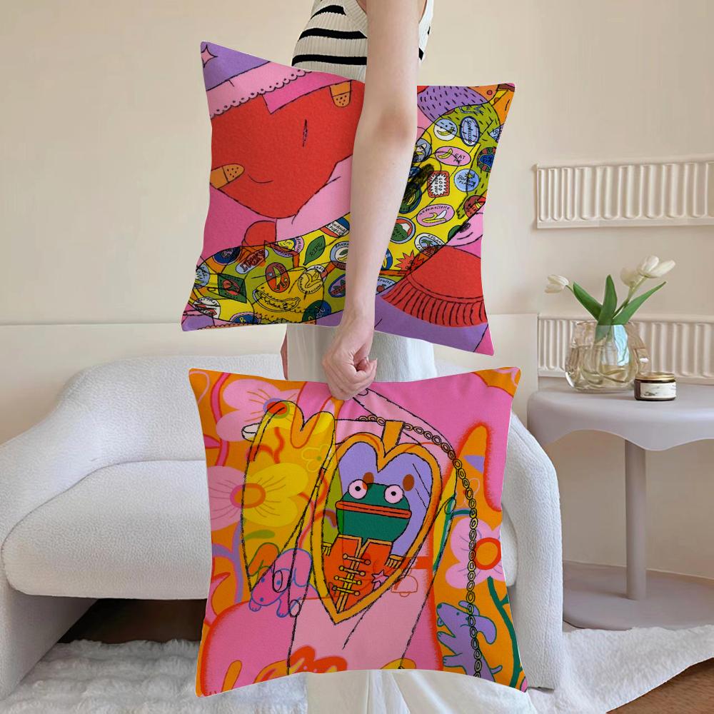 Cute Illustration Art Cushion Cover Anti-dustmite Pillowcase Invisible Zipper Silky Short Plush Sofa Cushion Cover