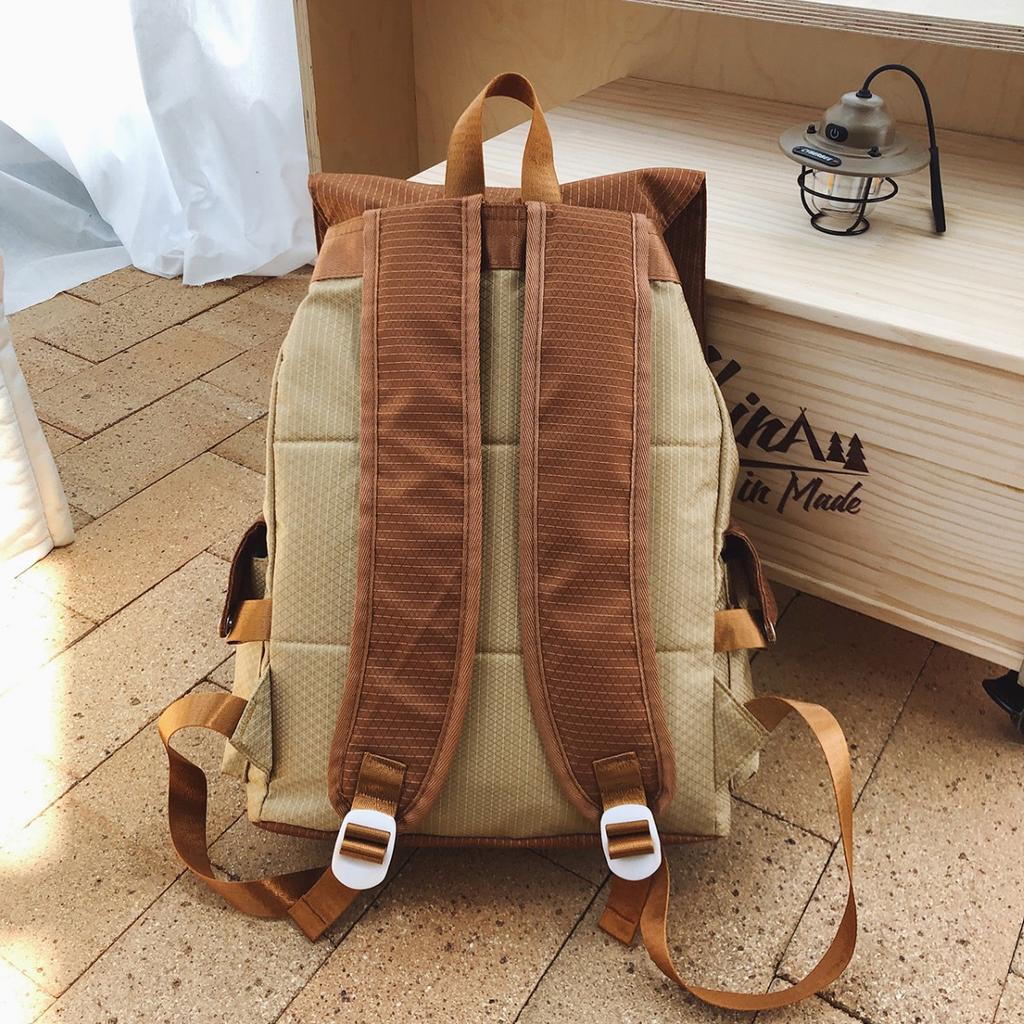 Schoolbag Japanese retro tooling style low saturation color matching flip drawstring backpack couple casual commuting versatile backpack