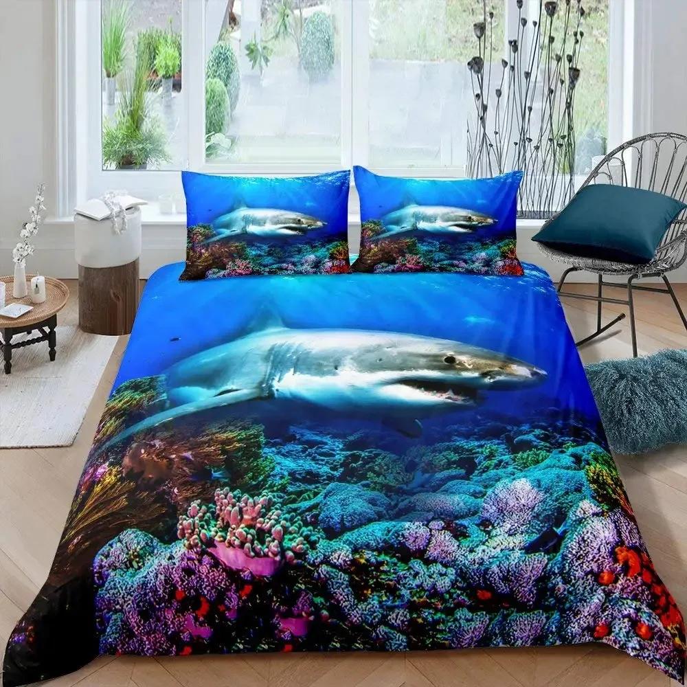 Fisch Bettwäsche-Set Ozean Bettwäsche-Sets 3D Gedrucktes Unterwasserwelt mit Hai Delfin Korallenriff Muster Bettbezug-Set