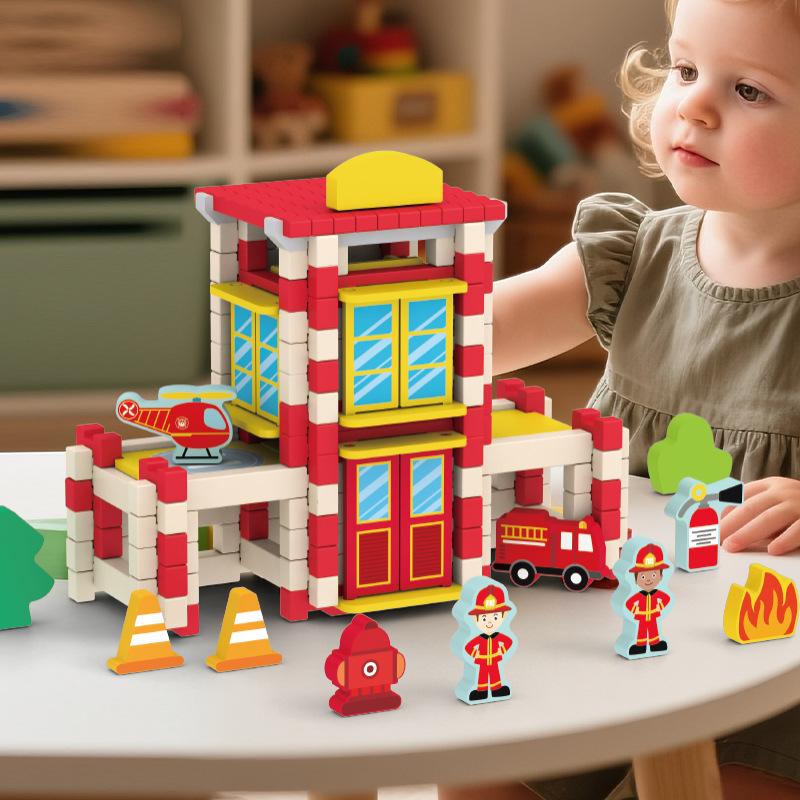 Children's Wooden Luban Tenon and Mortise Colorful Scenes Build Wood Houses Parent-child Interactive Games Educational Toys