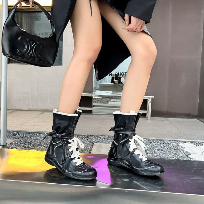 Cowhide Version~ 5cm Inner Height Increase Thick-soled Boxing Boots Female Duck Hunting Boots Belt Buckle Design Martin Boots Short Boots