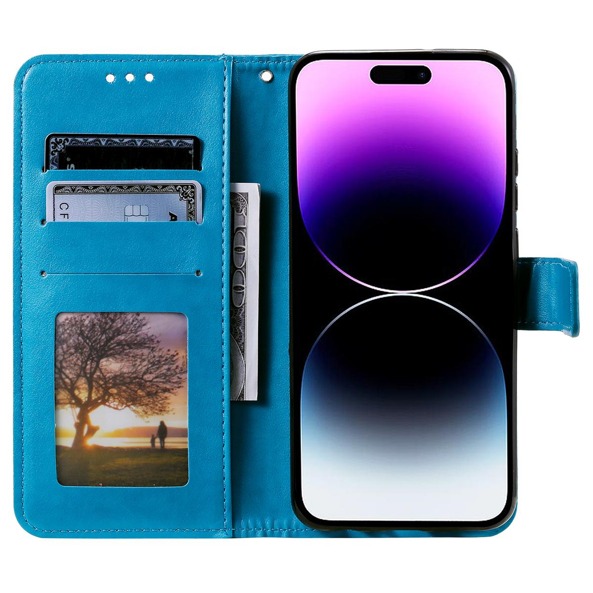 

For iPhone 16 Pro Stand Case Imprinted Totem PU Leather Wallet Phone Cover Blue