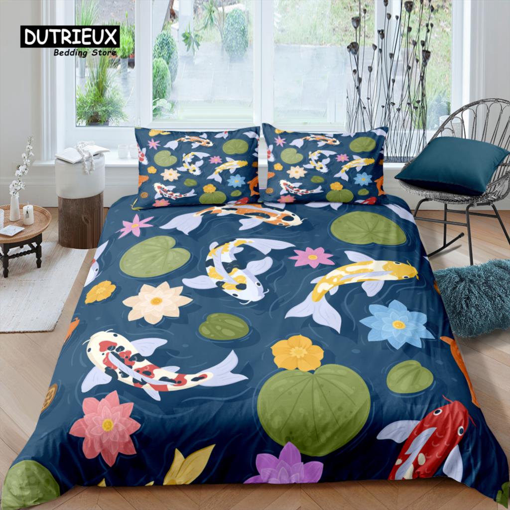 Home Living Luxury 3D Fish Lotus Bedding Set Flower Duvet Cover Pillowcase Queen And King Eu/Us/Au/Uk Size Comforter Bedding