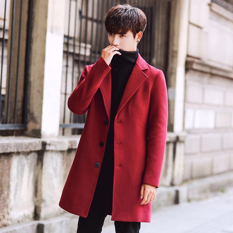 Men S Korean Style Slim Fit Solid Stand Collar Single Breasted Casual Woolen Overcoat