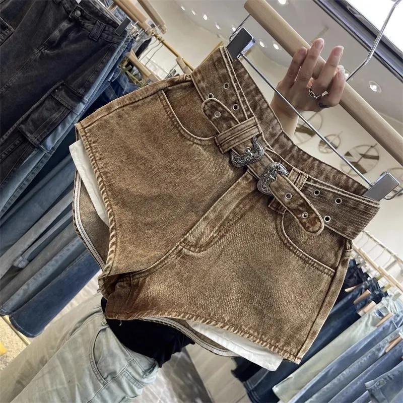 Women's Brown Washed Denim High Waist Shorts Casual Hot Pants with Double Le Belt