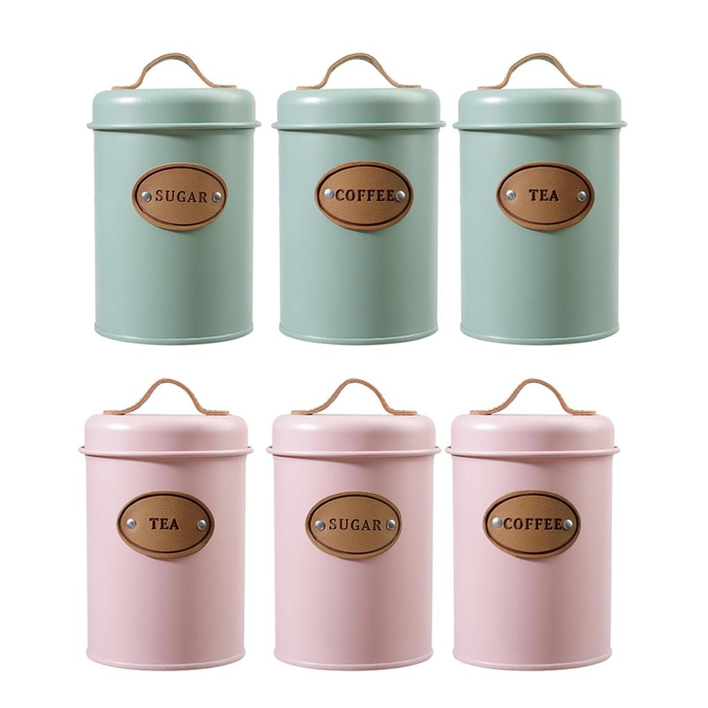 3Pcs Tea Coffee Sugar Canisters with Handle Seal Lid Can Tin Countertop
