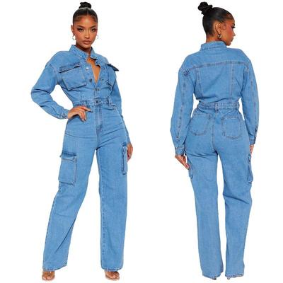 Europa und Amerika Grenzüberschreitend Dehnbar Faltenbalg Tasche Wasch-Denim Overall Overall Schlaghosen Jeans Overalls