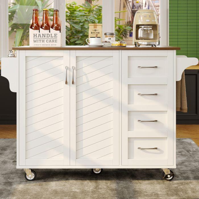 Chariot De Cuisine - MUVOE - Buffet Avec Plateau Pliable - 2 Tiroirs - 2 Portes - Blanc