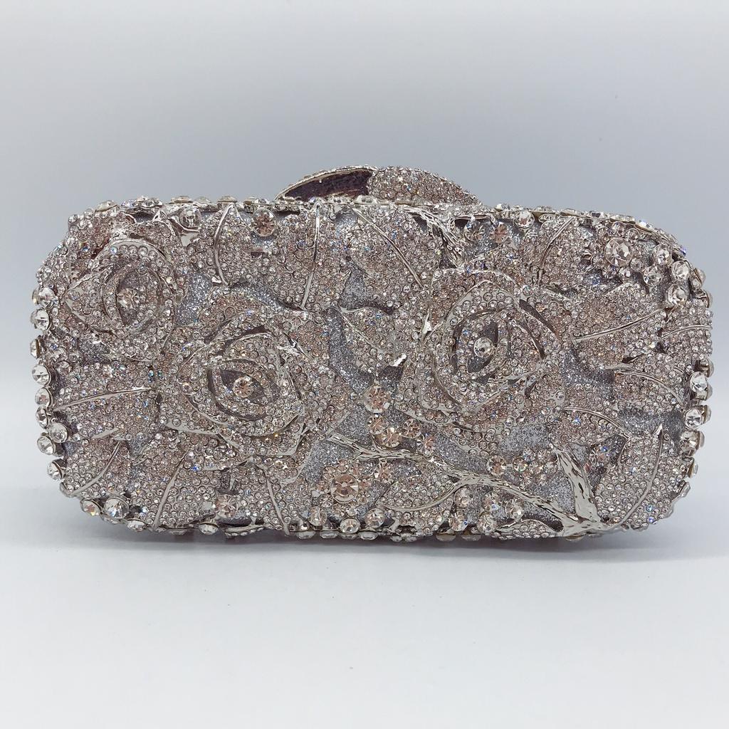 Rose flower diamond dinner bag metal full diamond dress bag banquet handbag purse clutch