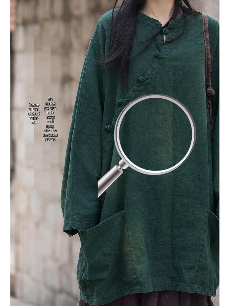 Ramie Cotton Sand-Washed Distressed Women’s Frog Button Top Jacket - Autumn/Winter Chinese Style