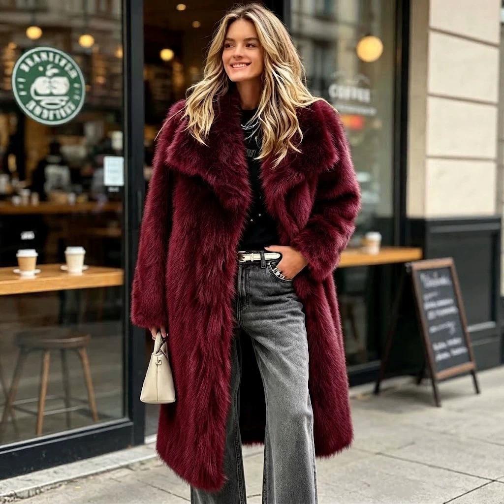 European and American Imitation Fur Large Lapel Collar Long Artificial Coat Long Fashion Imitation Fox Fur Coat Medium and Long C