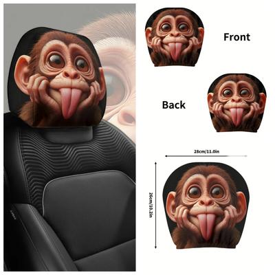 Exclusive Festival Gift: Cute Tongue-sticking Macaque Breathable Car Headrest Cover Two-piece Set, Car Interior