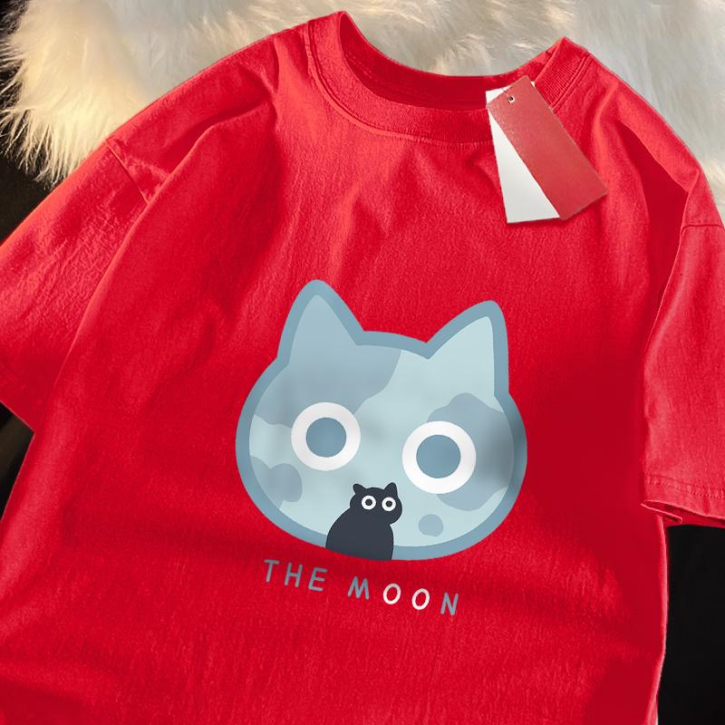 The Moon Blue Cat Fun Japanese Style Men Women T-Shirts Cotton Oversized Short Sleeve Shirt Loose T-Shirt Breathable Tops