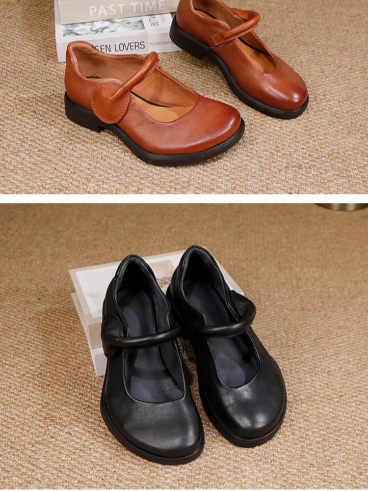 Johnature Retro Genuine Leather Women's Shoes Soft Soled Comfortable All Season Mid Heel Pumps