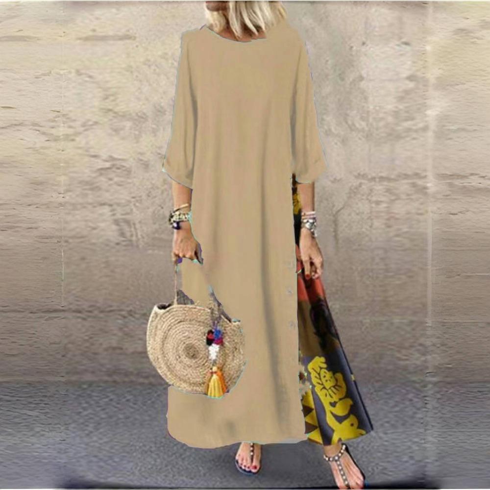 LYRIA Baumwolle Leinen Vintage Lange Kleider Damen Dreiviertelärmel Splicing Druck Lockeres A-Linien-Kleid Mode Lässig Damen Maxi Vestido