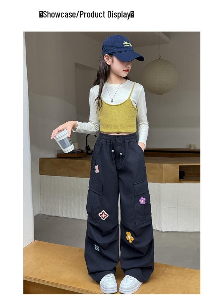 Girls' Autumn Casual Wide-Leg Cargo Pants with Korean Street Style and Trendy Embroidered Design