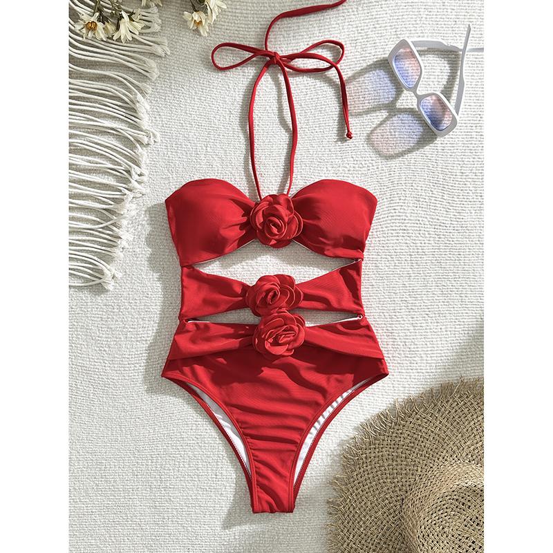 Einfarbige 3D-Blumen Neckholder Rückenfreie Bademode Sexy Einteiliger Badeanzug Damen Bade- Schwimmanzug Tragen Ausgeschnittene Bikinis