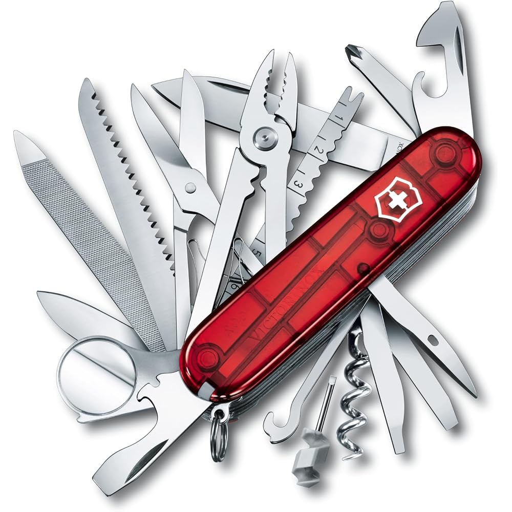 Victorinox SwissChamp Translucent Red Multi-Tool with 33 Functions, Scissors, Pliers, and Magnifier Swiss Army Knife
