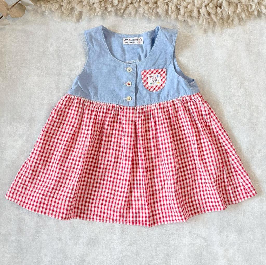 [USED] Familiar 2 piece set, red check dress, sailor collar, striped, size 90