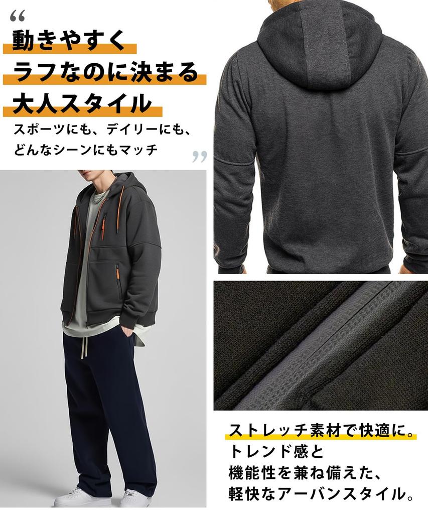 Fleece Long [Airby] Men's Hoodie, Lined, Zip-Up, Thick, Warm, Simple, Sleeve, Navy, Sweatshirt, Autumn/Winter, 5A-A13-NV2XL