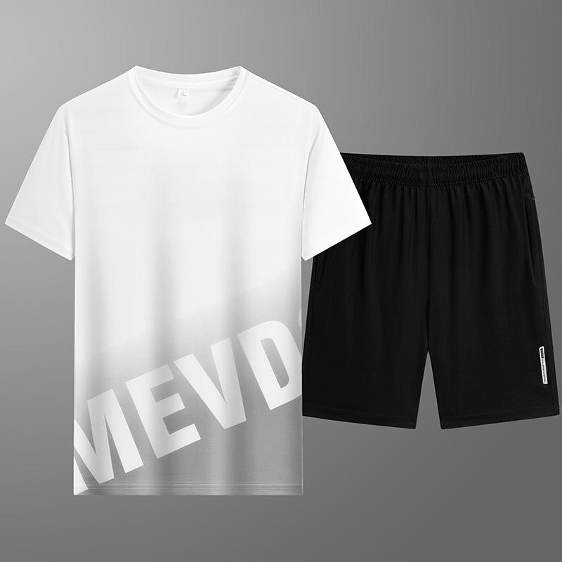 Pánské letní dvoudílné kalhoty s krátkým rukávem z ledového hedvábí, ležérní sportovní set, pánské tričko s krátkým rukávem, kraťasy