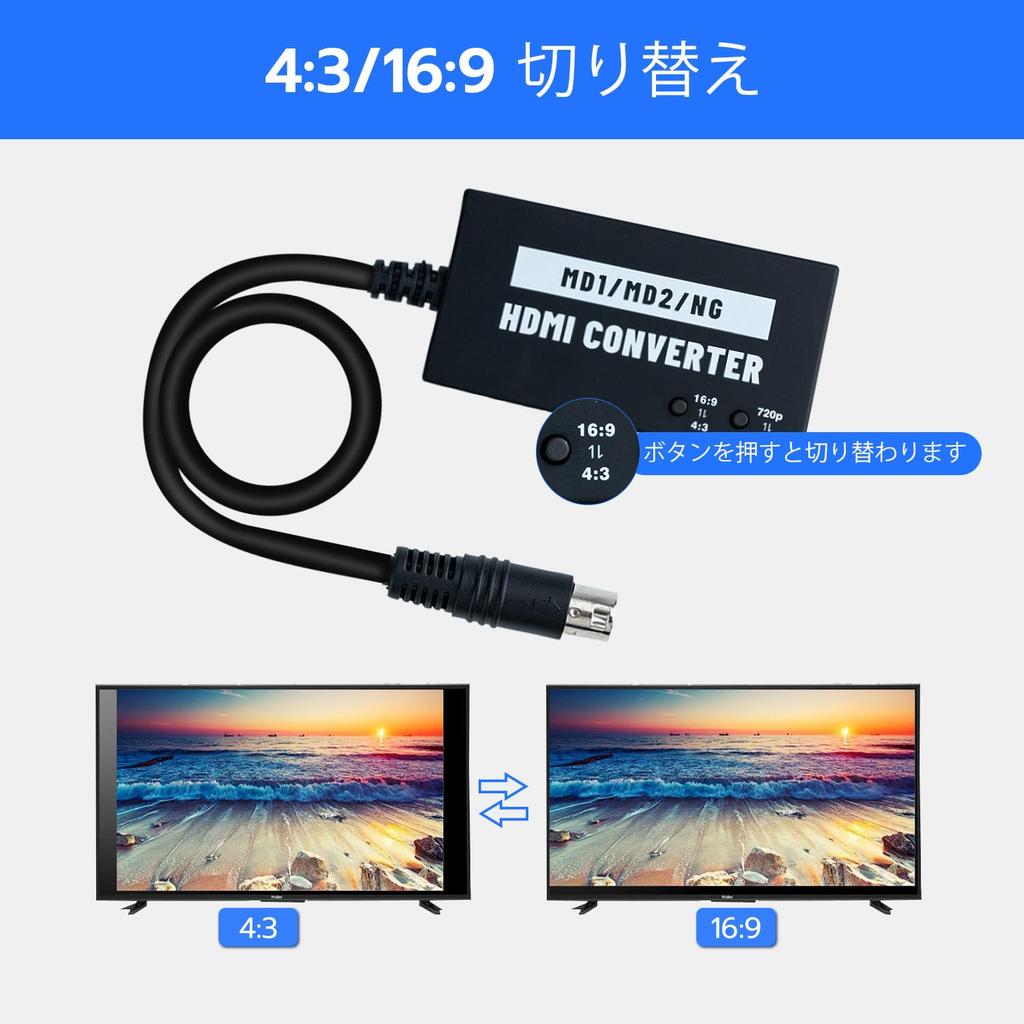 Mcbazel HDMI Converter for Sega MD1/MD2/SNK - 1080p/720p Resolution Switching, Built-in Aspect Ratio Switch, 4:3 To 16:9 Conversion Possible, Sega Meg