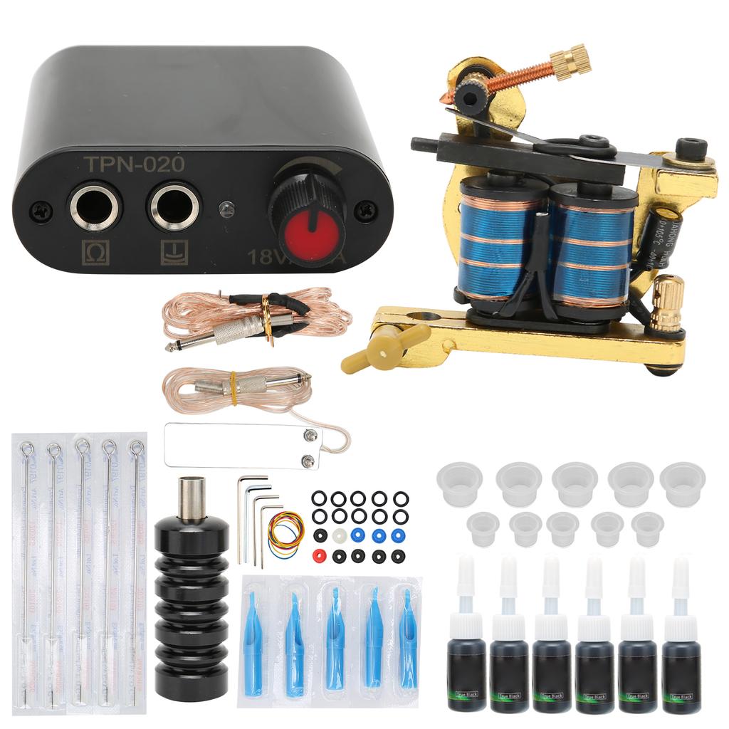 Complete Tattoo Kit Tattoo Power Supply Clip Cord Pedal Handle Needle Grommet Coil Tattoo Machine