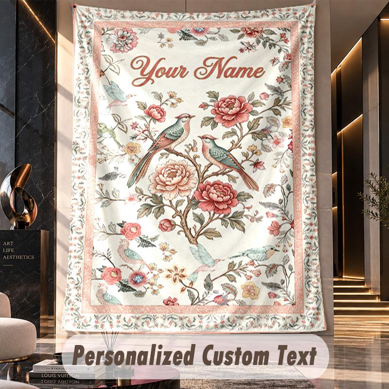 Floral Birds Artwork 1 Theme Wall Tapestry Customized With Name Text Personalized Hanging Tapestry For Bedroom Living Room Decor