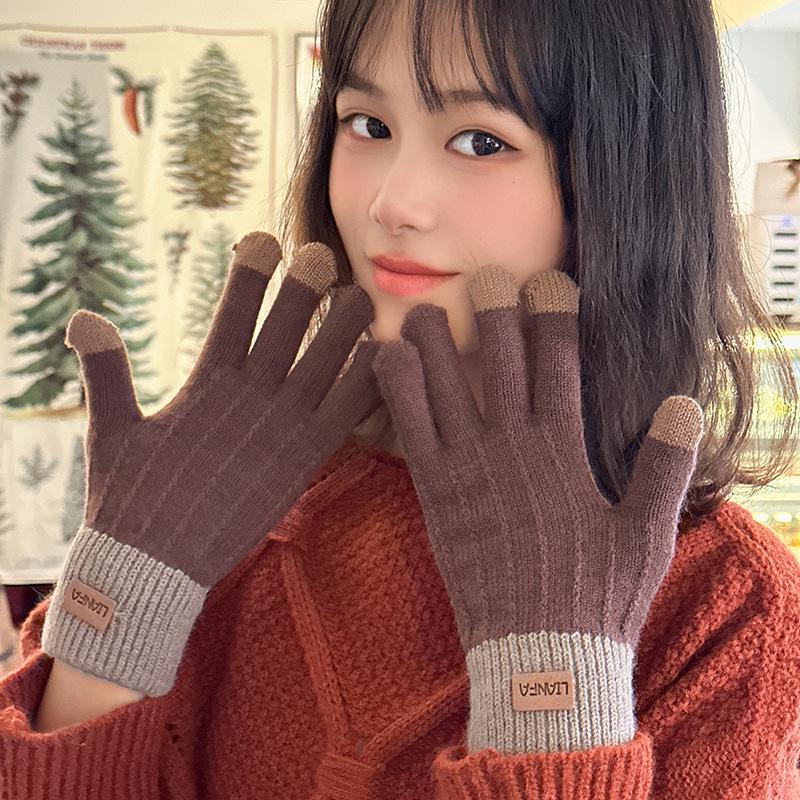Luochi Wool Knitting Gloves - Warm Five-Finger Cycling Gloves for Women s Autumn and Winter Cold Protection. коричневый