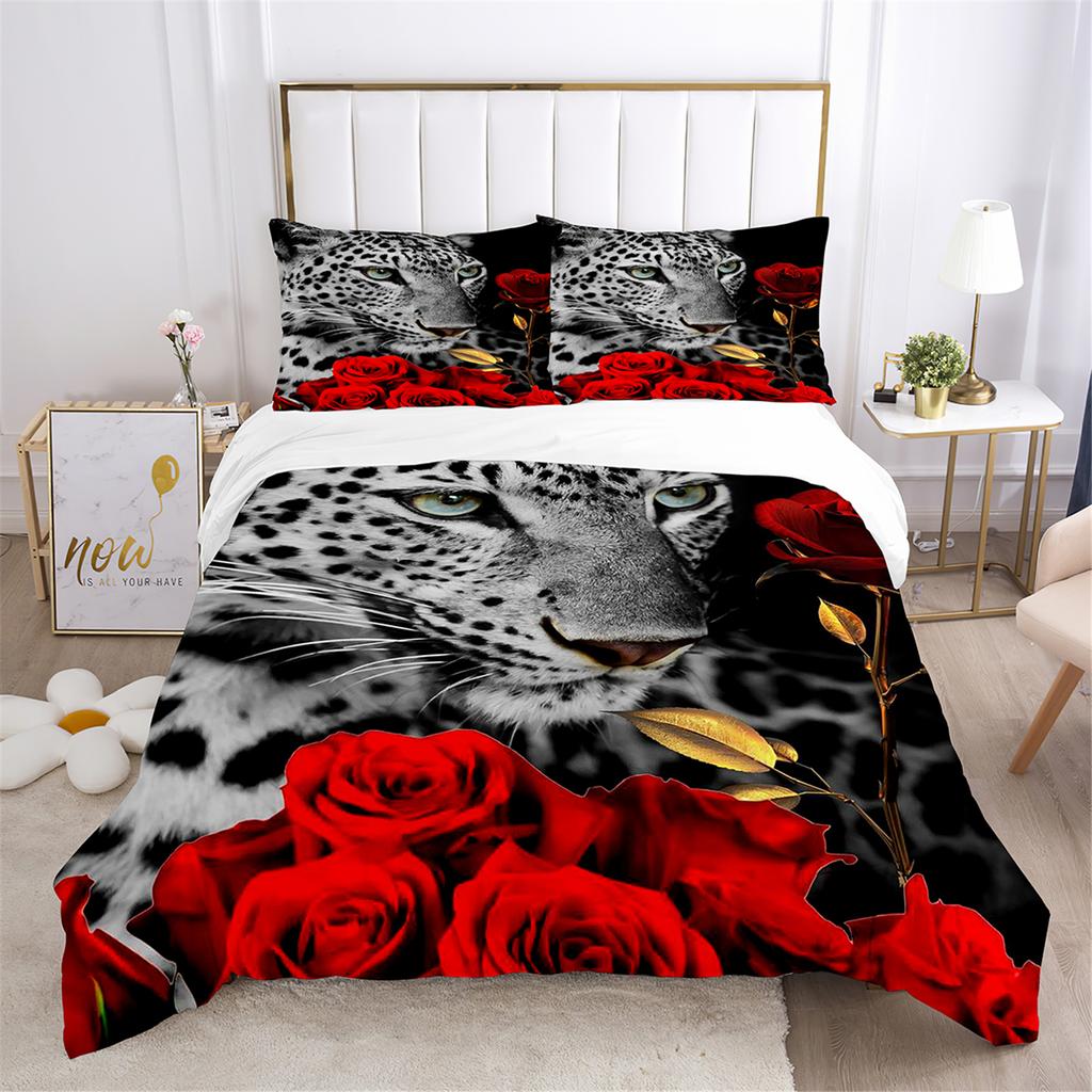 Leopard Sengeteppe Ville Dyr Sengesett Mote Luksus Dynesett for Barn Gutterom Rød Rose Polyester Festival Gavedyne