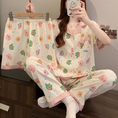 Sweet Sister Loopy Cloud Cotton Pajamas Women'S Summer Lapel Cartoon Little Beaver Loungewear Short-Sleeved Three-Piece Set