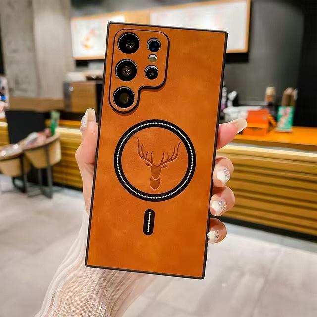 Deer Head Leather Magnetic Case For Samsung S25 S24 S23 Ultra 5G S22 Plus S21 FE Wireless Charging Cover Accessories