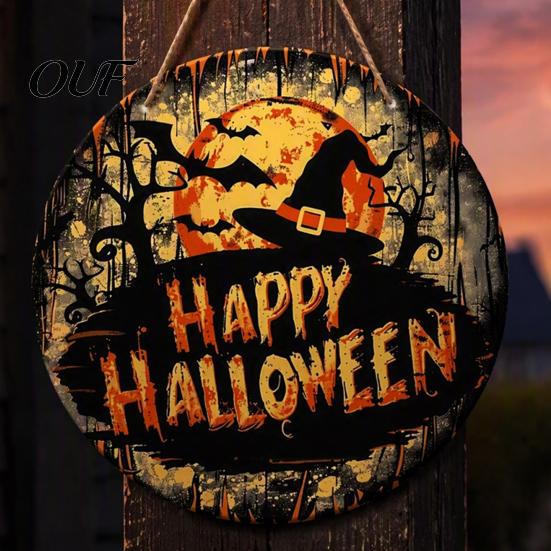 Vintage Style Holiday Sign Halloween Witch Hanging Sign, 8" Round Wooden Door Autumn Forest Porch Wall Decoration Witches Rustic for Home Front Party