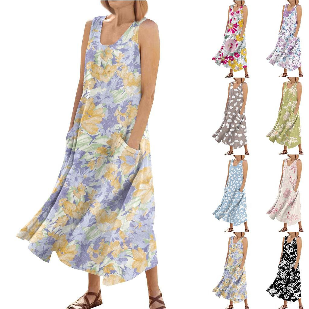 Women's Fashion Casual Solid Colour Sleeveless Cotton Linen Pocket Dress