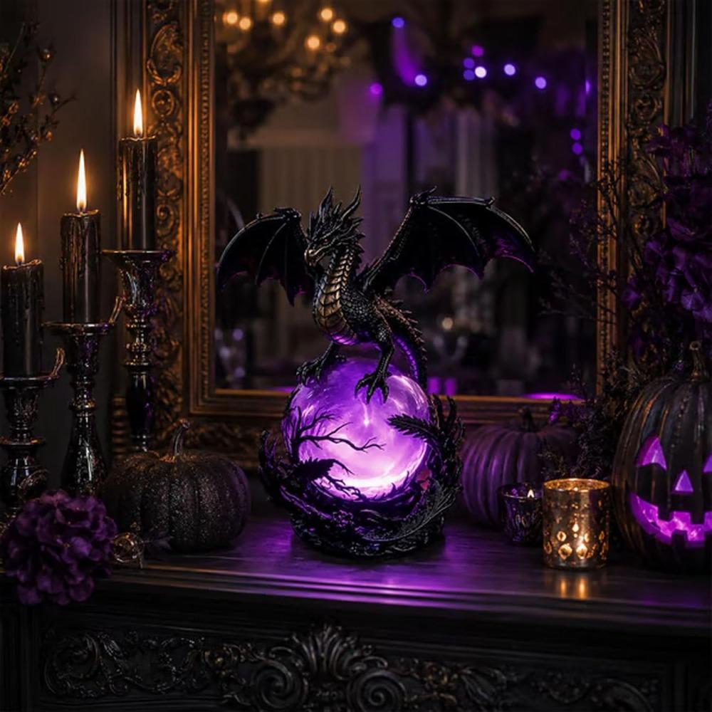Gothic Dragon LED Crystal Ball Lamp for Dark Aesthetic Decor, Fantasy Resin Dragon Night Light, Witchy Table Lamp, USB Powered Mystic Orb Light
