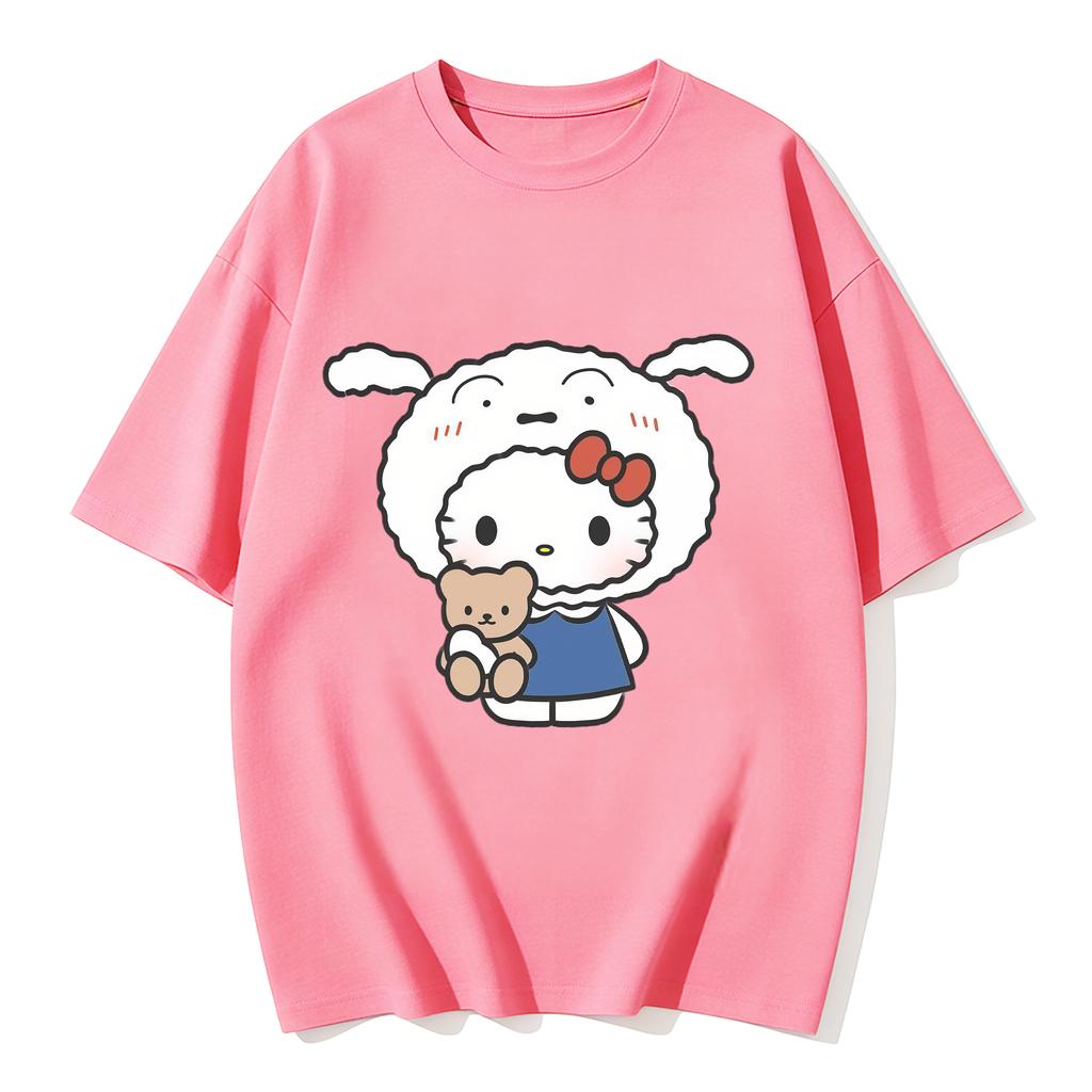 2026 New Kitty X Shinchan Print TShirt Cute Sanrio Loose Fit Casual Tee Harajuku Style Short Sleeve Top Couple Clothing Unisex