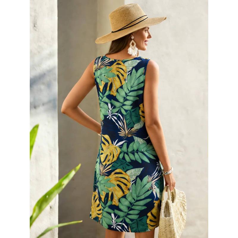 Women's Sleeveless Mini Dress Tropical Leaf Print Crew Neck Loose Casual Spring Summer Beach Vacation Short Dresses
