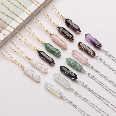 Gift For Women Men Blue Sand Tiger Eye Rose Quartz Wire Wrap Stone Pendant Hexagonal Cylindrical Crystal Necklace Natural Stone