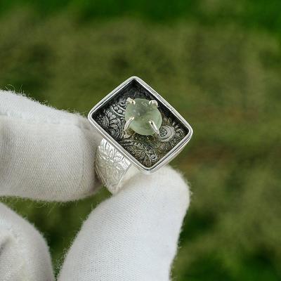 Geschenk für sie 925 Silber Natürlicher Prehnit Roh Statement Verstellbarer Ring