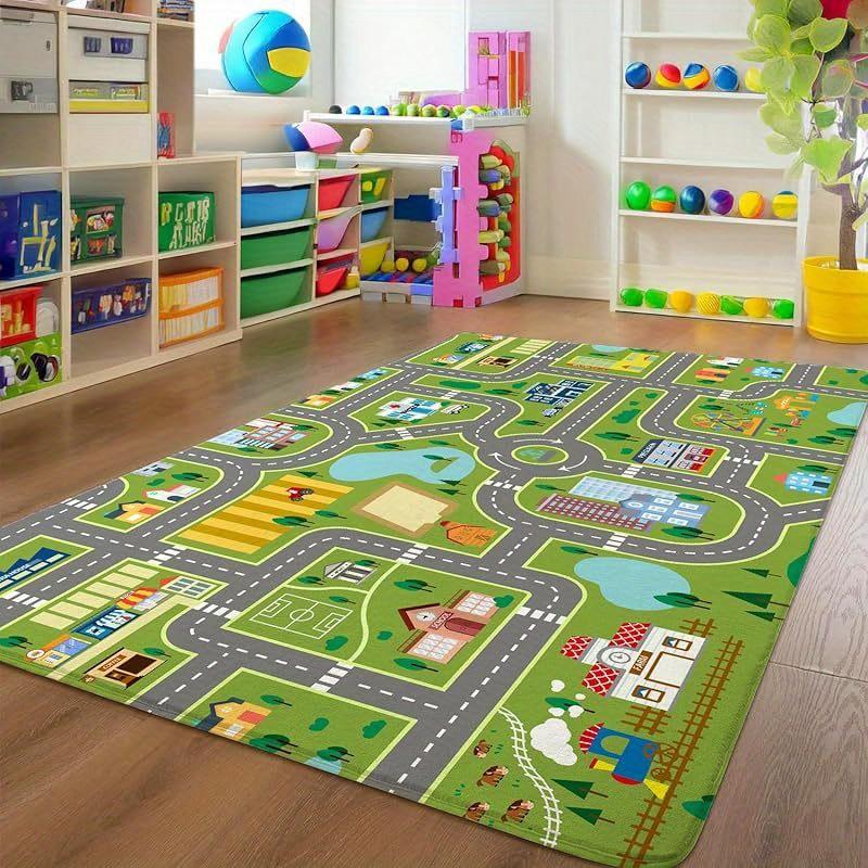 Green City Road Map Non-slip Kids Play Rug Interactive Educational Traffic Floor Mat for Bedroom Playroom Nursery Decor