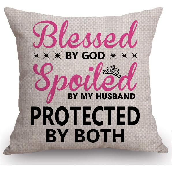 Swono Blessed by God Spoiled by My Husband Cotton Burlap Linen Throw Pillow Case Cushion Cover Sofa Outdoor Decorative Square 18X18 Inches Sw-001