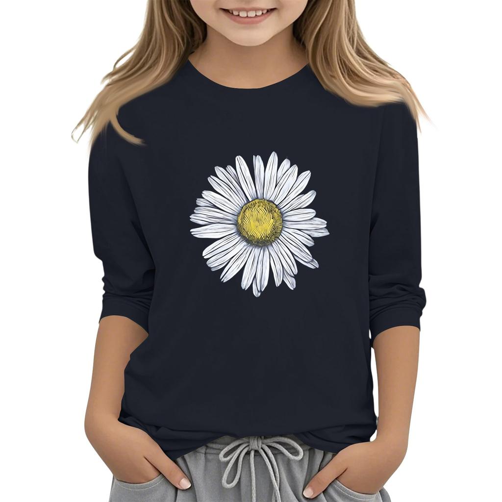 Dziecięcy top z krótkim rękawem 3/4, z okrągłym dekoltem, codzienny, casualowy, z nadrukiem