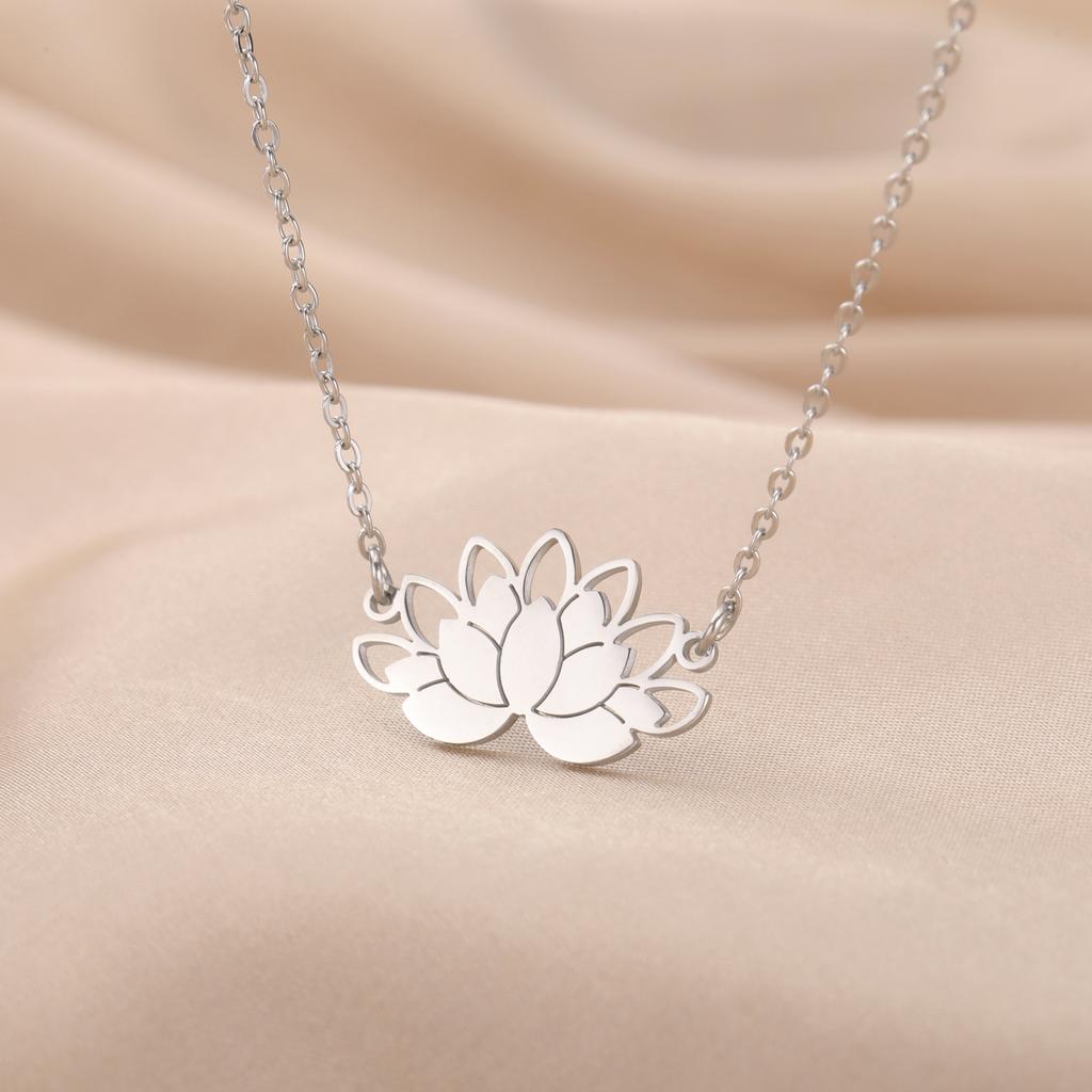 Lotus Flower Pendant Necklace Stainless Steel Women's Choker Yoga Buddhism Amulet Jewelry Birthday Gift