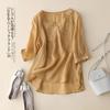 Purple short-sleeved cotton and linen shirt for women who are thin and cover their stomachs. Loose large-size disc-buckled cotton