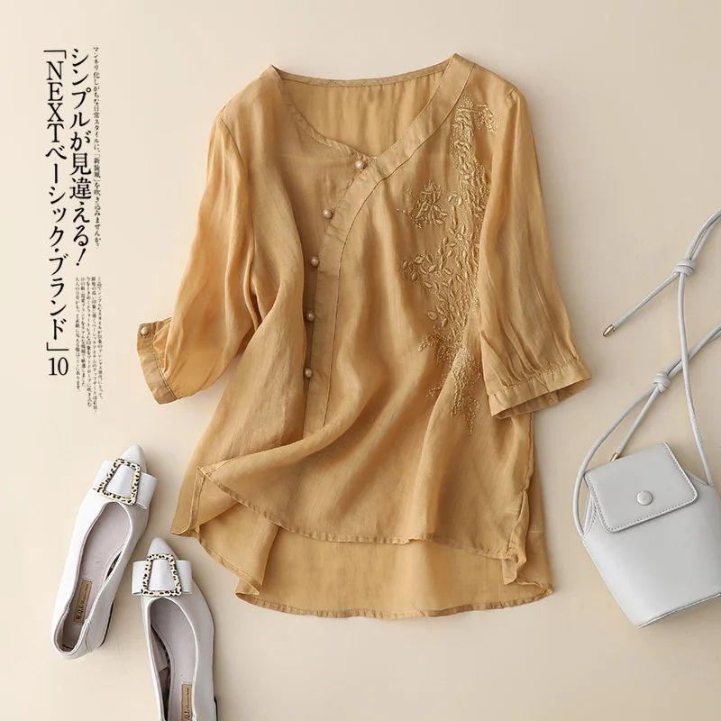 Purple short-sleeved cotton and linen shirt for women who are thin and cover their stomachs. Loose large-size disc-buckled cotton
